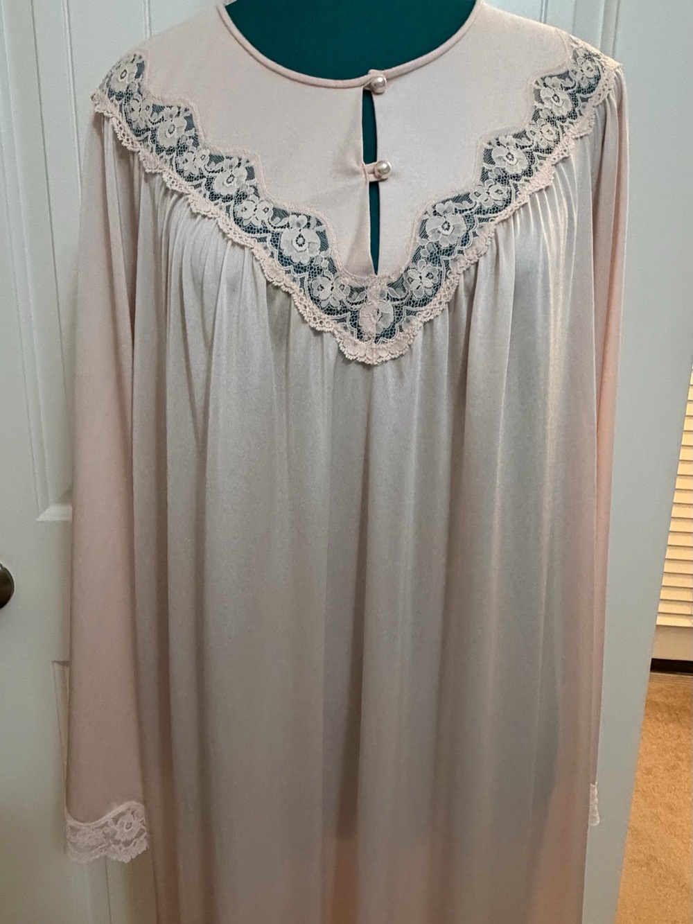 Vintage Shadowline Pink Lace-Trim Long Nightgown Sz Medium